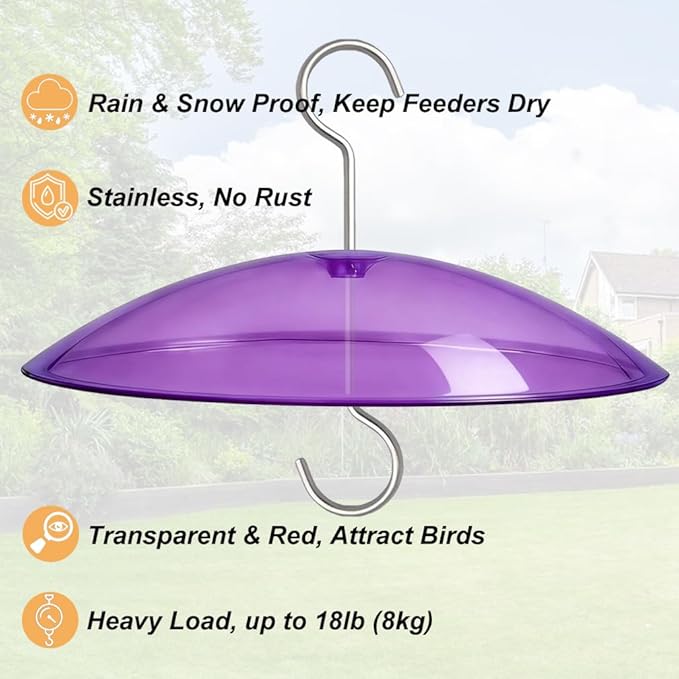 Small Rain Cover for Bird Feeder - 2PC x 8" Mini Hanging Weather Guard Protective Dome Against Rain/Snow/Sun - Purple Translucent Plastic - Dia. 20CM