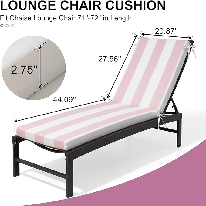 Crestlive Products Outdoor Chaise Lounge Cushions Set of 2, 3 Years Fade Resistant Water Resistant Lounge Chair Cushion, 72''L x 21''W, Pink White Stripe