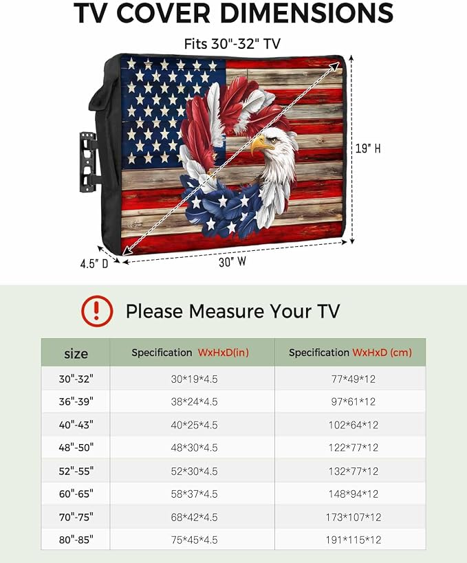 DecorLovee Vintage American Flag Outdoor TV Cover 70 to 75 Inches Weatherproof & Waterproof, Eagle Wreath Outdoor TV Enclosure with Remote Control Pocket, Blue Red USA Flag TV Screen Protectors for TV