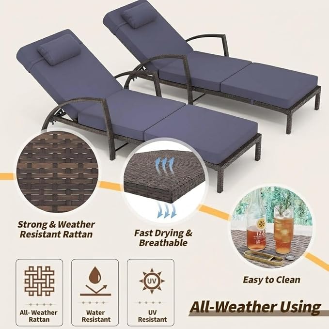 Garvee Outdoor Chaise Lounge Set of 2, 5-Position Adjustable PE Wicker Reclining Chairs with Wheels & 3.5" Cushions, 400 lbs Capacity All-Weather Patio Furniture for Poolside, Garden, Beach(Blue)