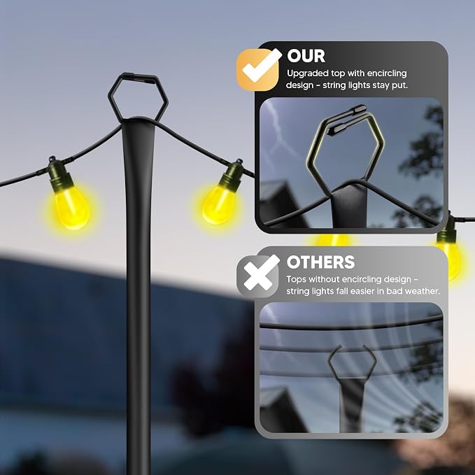 4 Pack String Light Poles for Outside, 9Ft Light Poles for Outdoor String Lights, Adjustable Outdoor String Light Poles with Fork,Metal Fence Post for Patio,Backyard,Deck