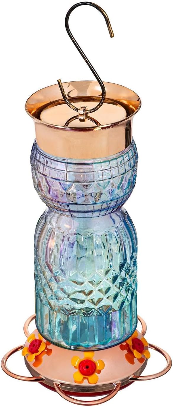 Evergreen Garden Iridescent Glass Hummingbird Feeder (Blue Ombre)