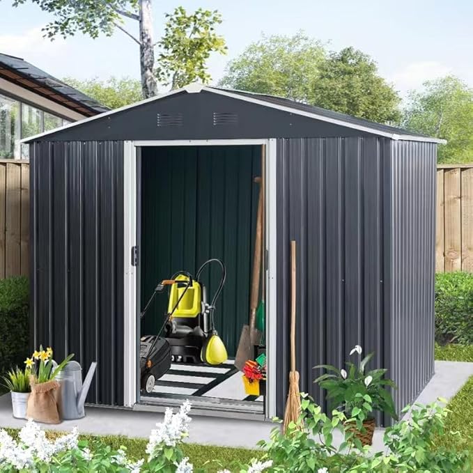 KEIKI 8x6 FT Outdoor Metal Storage Shed with Peaked Roof,Vents and Lockable Door for Garden Yard
