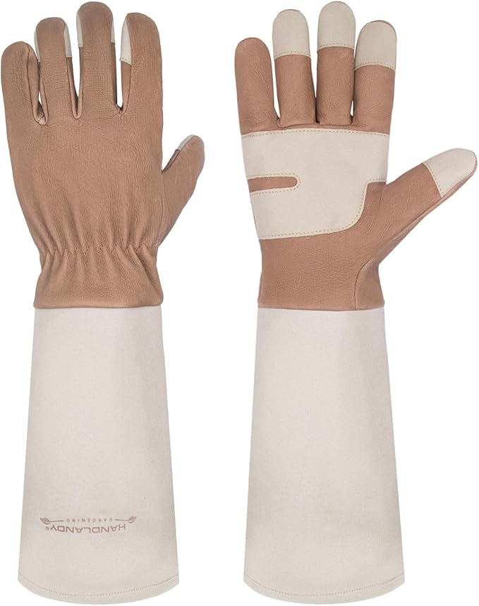 HANDLANDY Long Gardening Gloves for Men & Women, Thorn Proof Rose Pruning Gloves Leather Gauntlets Garden Glove Yard Work Glove (Warm Brown, Large)