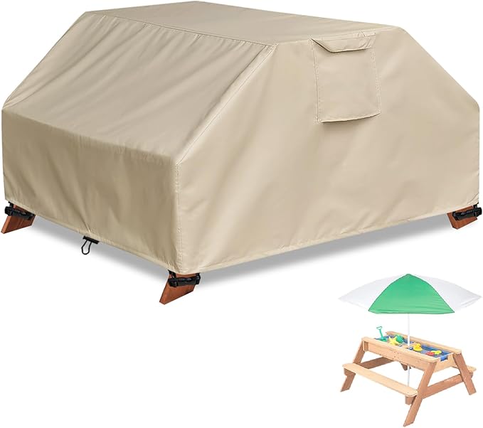 Kids Picnic Table Cover Waterproof for Sand & Water Activity Table, Weatherproof and UV-Resistant Material for All-Season Protection, Toddler Patio Wooden Table Cover (Khaki)