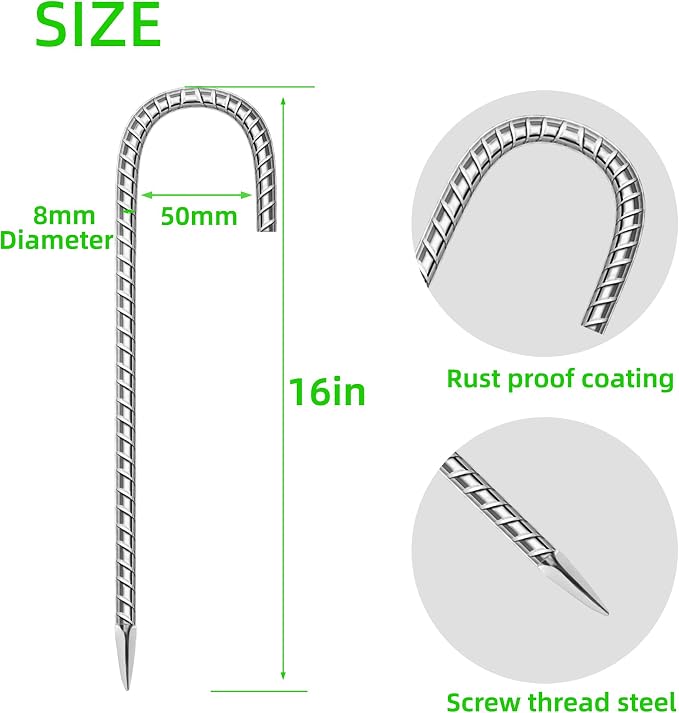 10 Pack Ground Garden Rebar Stakes Rebar 16 Inch Anti-Rust Galvanized Steel J Shape Hook Heavy Duty Ground Anchors for Tents, Position Kits,Fences, and Trampolines Landscape Fabric