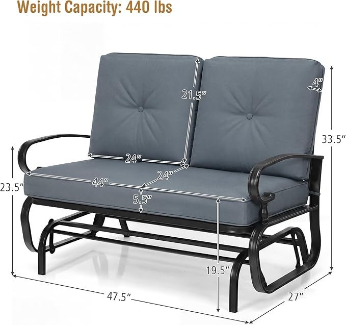 Giantex Outdoor Glider Bench, Patio 2 Person Loveseat with Removable Cushion, Thick Padded Seat, Stable Steel Frame, 400Lbs Capacity, Outside Glider Swing Chair for Deck, Poolside, Yard, Porch (Grey)
