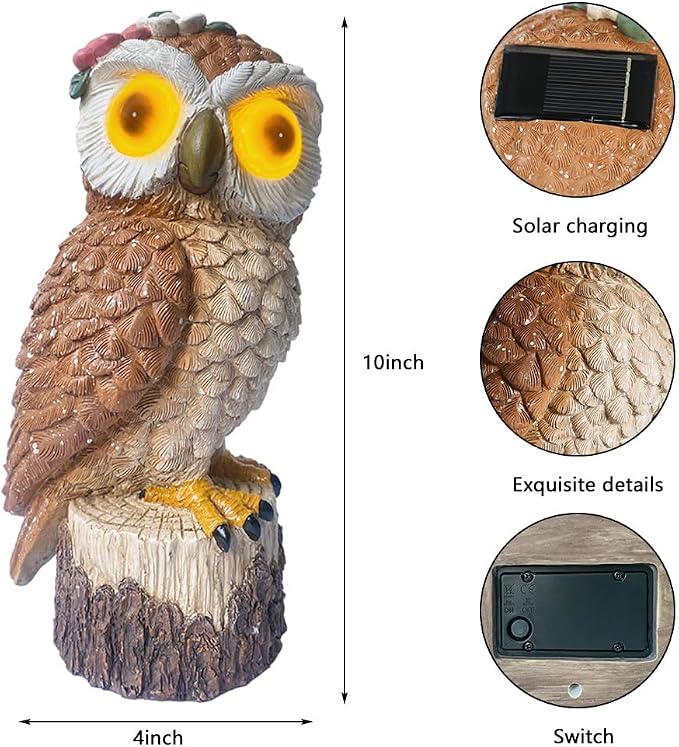 1 KINGO Fake Owl Decoy, Bird Deterrents for Outside, Solar Powered LED Eyes & Ultrasonic Deterrent, Scarecrow Owl Decoys to Scare Birds Away, Bird Repellent Devices Outdoor, Resin Garden Statues