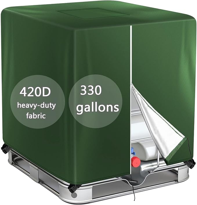 IBC Tote Cover 330 Gallon Water Tank Protection Cover Zipper 420D Heavy Waterproof Sunscreen Material 1000L Outdoor Garden Green