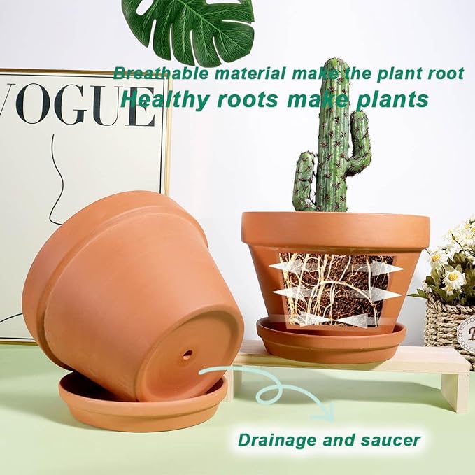 vensovo 8 Inch Clay & Terracotta Pots for Plant with Saucer - 4 Pack Large Ceramic Terra Cotta Planter with Drainage Hole, Clay Flower Pot with Tray for Indoor Outdoor Plants