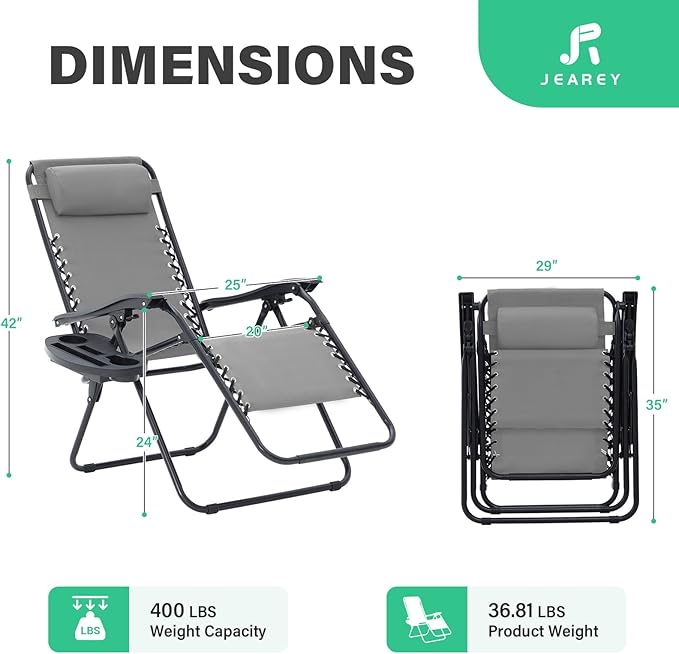 JEAREY Zero Gravity Lounge Chairs Set of 2, Adjustable Steel Mesh Recliners with Pillows and Cup Holder Trays for Patio, Garden, Beach, Light Grey