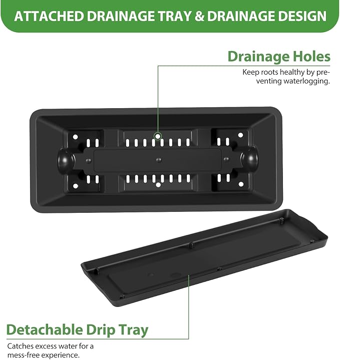 OYEAL Railing Planter Box Outdoor 4 Pack Hanging Balcony Planters 17 Inch Window Boxes Planter with Adjustable Brackets Plastic Flower Pots for Garden Deck Porch Railing Balcony Fence, Black & White