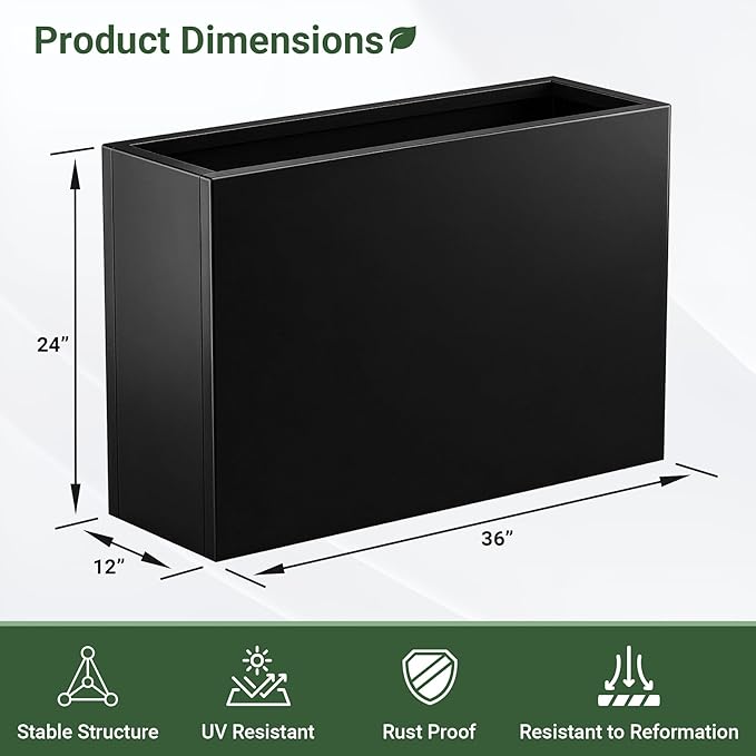 Metal Planter Box 36” x 12” x 24”, Heavy Duty Tall Rectangle Planter Box with with Drainage Holes & Rust-Proof Coating, Modern Outdoor/Indoor Black Planter Box for Porch, Garden, Patio, Yard