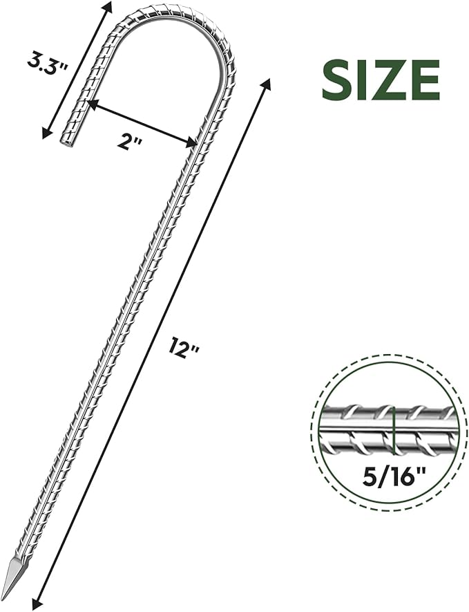 Homwin 12 inches Ground Stakes Heavy Duty 28 Pieces Metal Fence Rebar Stake 5/16" Diameter J Hook Ground Spikes, Tent Stakes, Swing Set and Gazebo Anchors