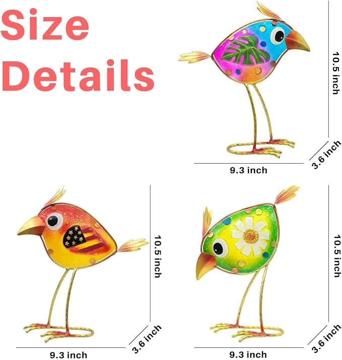 Garden Decor for Outside Set of 3, Colorful Metal & Glass Bird Decor for Outdoor, Indoor, Patio, Porch, Backyard, Balcony, Lawn, Yard Decorations, Patriotic Whimsy Birthday Gift for Gardener