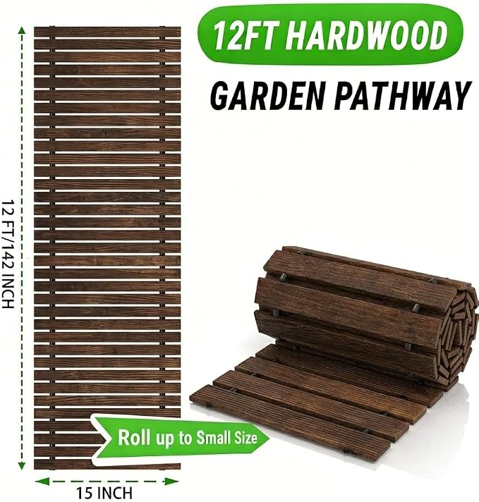Wooden Garden Pathway Outdoor Walkway - 12 FT Roll Out Outdoor Pathway with Ground Stakes, Boardwalk Pavers for Outside Walkway, Non-Slip Garden Path for Backyard Decor, Lawn Landscaping, Brown