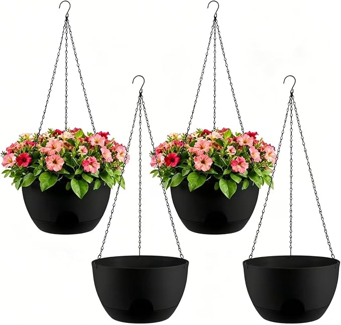 4-Piece Set of 8-Inch Hanging Planters with Automatic Watering System and Drip Tray, Includes Metal Chain, Suitable for Various Indoor and Outdoor Plants and Flowers,Black