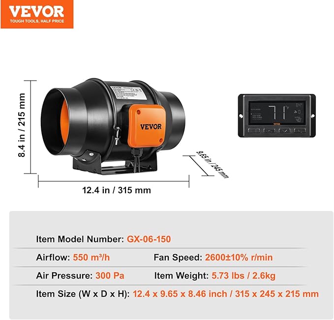 VEVOR Inline Duct Fan, 6-Inch 402 CFM with Temperature Humidity Controller, Quiet EC-Motor Ventilation Exhaust Fan for Cooling Booster, Grow Tents, Hydroponics