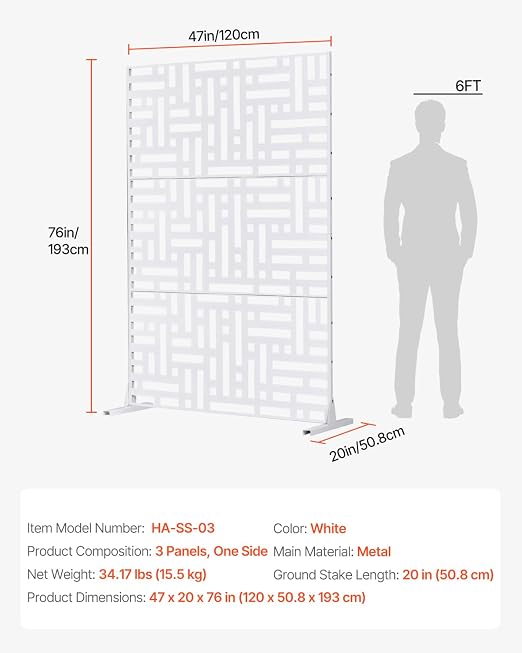 VEVOR Metal Privacy Screen, 47" W x 76" H Outdoor Privacy Screens 3-Panel, Freestanding Outdoor Divider with Stand, Decorative Garden Steel Privacy Fence for Balcony Patio Indoor Room Hot Tub White