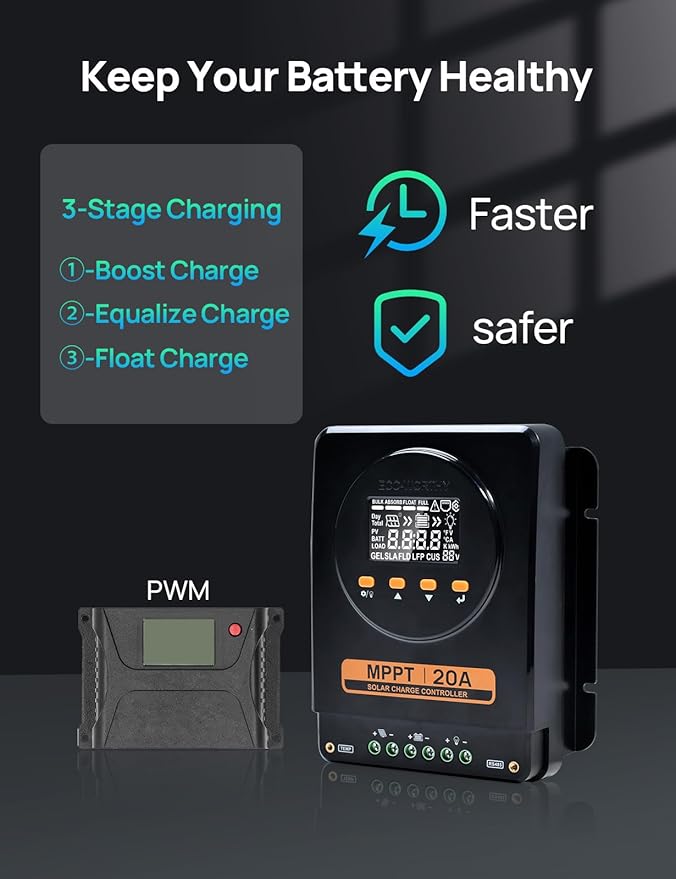 ECO-WORTHY MPPT Solar Charge Controller 12V/24V 20A,Bluetooth & APP Monitoring,LCD Display, Solar Panel Regulator for Gel,SLA,FLD,LFP Battery in Solar System,RV