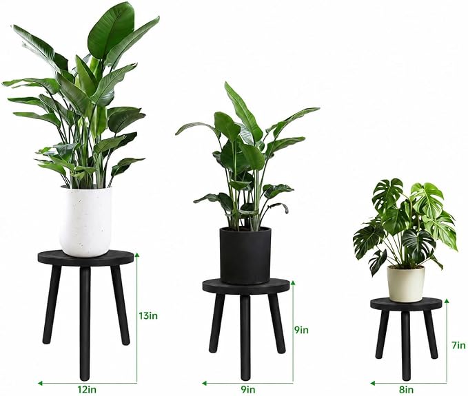 Amdermi 3-Pack4-pack Wood Plant Stands Indoor, Single Plant Stand for 6-12 Inch Pots, Mid-Century Modern Plant Stool, Tall Plant Stand for Large Plants for Living Room, Balcony, Office (3, black)