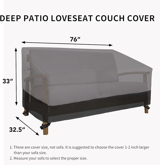 Easy-Going Waterproof Outdoor Loveseat Cover, Heavy Duty 2-Seater Patio Couch Cover, Windproof Outdoor Furniture Protector with Air Vent (76Wx32.5Dx33H inch, Gray/Black)