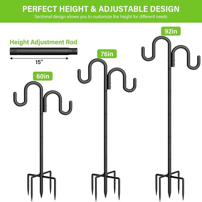 Double Shepherd Hook for Outdoor, 92" Heavy Duty Bird Feeder Pole with 5-Prong Base, Adjustable Thickened Shepherd Hook for Bird Feeder, Flower Baskets, Solar Lights, Lanterns, Black, 1 Pack