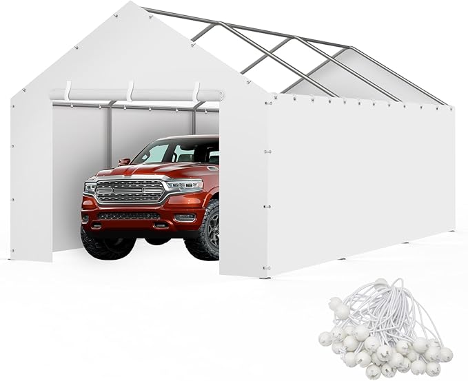 Carport Replacement Canopy Cover Sidewalls for 10x20x9.35FT Frame, Heavy Duty Garage Car Tent Shelter Tarp with Ball Bungees, Waterproof & UV Protected (Frame is not Included) (White)