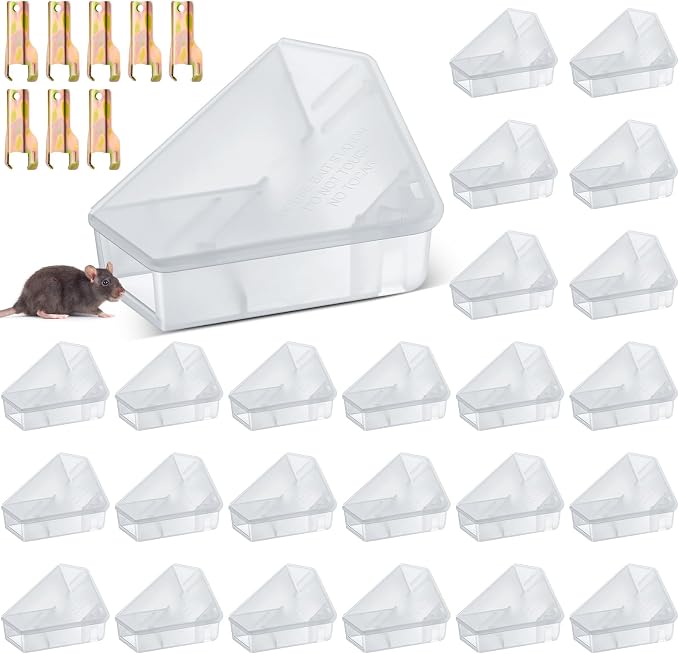 Qualirey 24 Pcs Mice Station with Key Triangle Mouse Station Lockable Reusable Bait Box, Enclosed Design for Indoor and Outdoor Use, Suitable for Small Mice (Translucent)