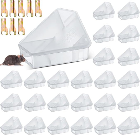 Qualirey 24 Pcs Mice Station with Key Triangle Mouse Station Lockable Reusable Bait Box, Enclosed Design for Indoor and Outdoor Use, Suitable for Small Mice (Translucent)