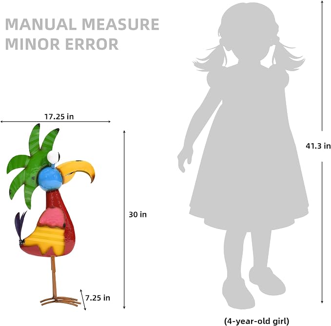 30" Tiki Bird Decor, Large Weatherproof Metal Parrot Yard Art | Handcrafted cartoon parrot with ground stake. For patio, lawn, balcony & indoor. Tropical party decor & unique gift ideal