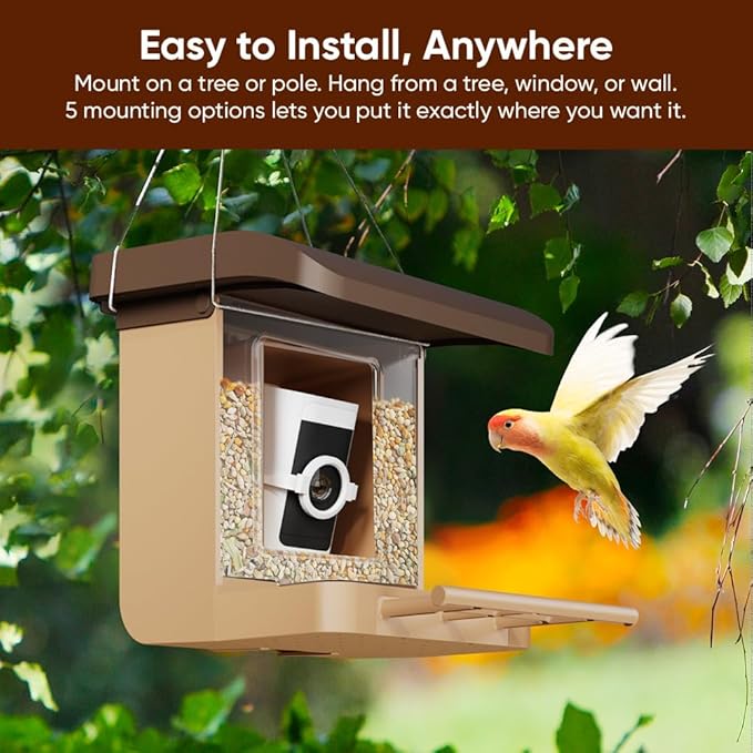 Bird Feeder Camera Case Compatible with Battery Cam Pro, Wyze Cam Outdoor v1/v2, Wyze Camera v4/v3/v3 Pro, 5 DIY Mounting Methods, with a Macro Lens (Solar Panel/Camera NOT Included), Brown