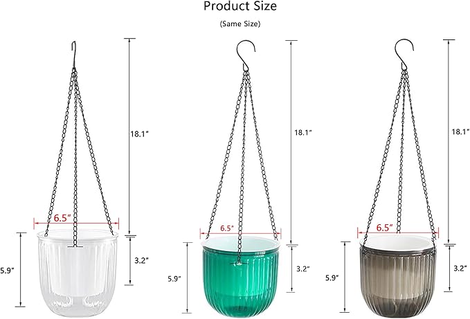 Cornasee 6.5" Plastic Hanging Planter, 3-Pack Self Watering Pots for Indoor Plants,Herbs,Succulent,African Violets (Gray+Green+Clear)