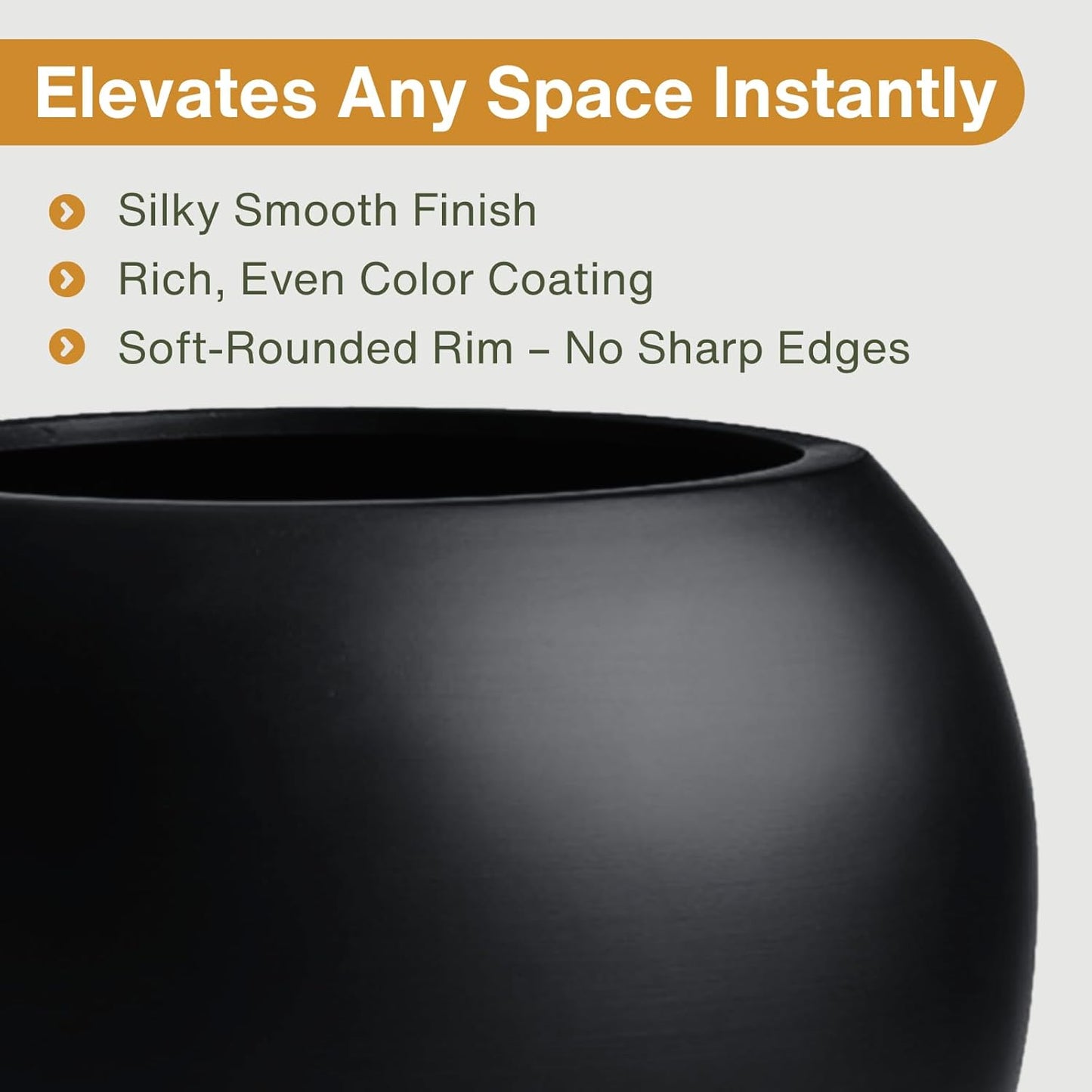 9.7" H x 12" D Globo Fiberstone Round Planter with Drainage Hole, Weather Resistant, Smooth Finish, Planters for Indoor Plants & Outdoor, 2 Extra Coco Mats (Black, 7.8" Pot Opening)