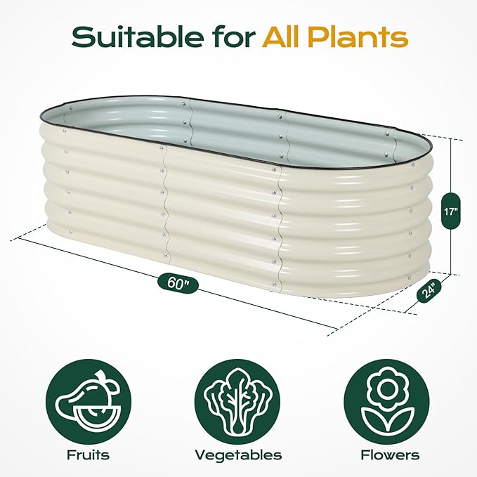 Aoodor 17" Tall Oval Galvanized Raised Garden Bed Kit, 4-in-1 Large Metal Outdoor Planter Box for Vegetables, Flowers, and Herbs, 5 x 2 x 1.5 Ft, Beige