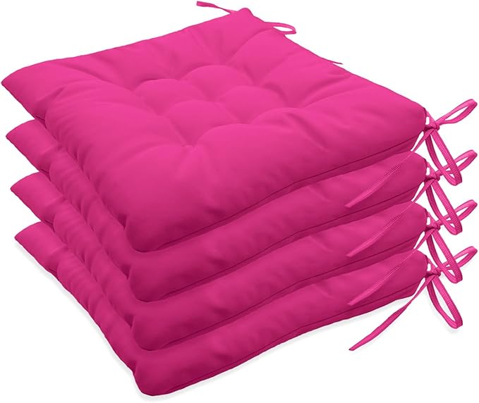 Outdoor Indoor Tufted Chair Cushions, Seat Cushions with Ties, Chair Pads Waterproof for Porch Kitchen Office Garden Hot Pink 16" x 16", Set of 4