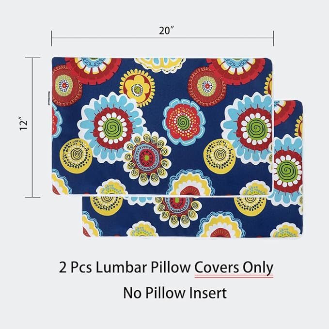 Magpie Fabrics Pack of 2 Outdoor Lumbar Pillow Case Covers 12"x20", Waterproof Rectangular Throw Pillowcase Shell Decorative Sham for Patio Garden Couch - Floral Navy