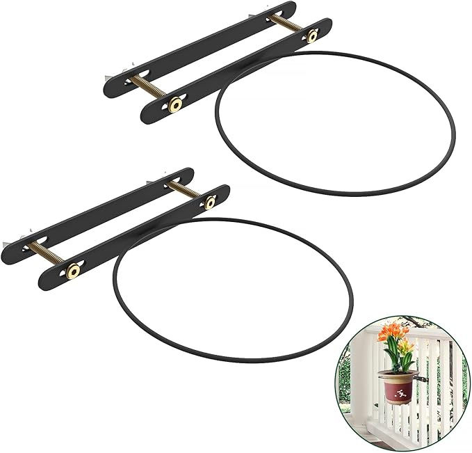 Hanging Flower Pots Holder, Deck Railing Plant Container Holder for Round Pot Planters (8") Hanging Bucket Flower Pot Holder for Patio Balcony Outdoor Plants 2 Pack
