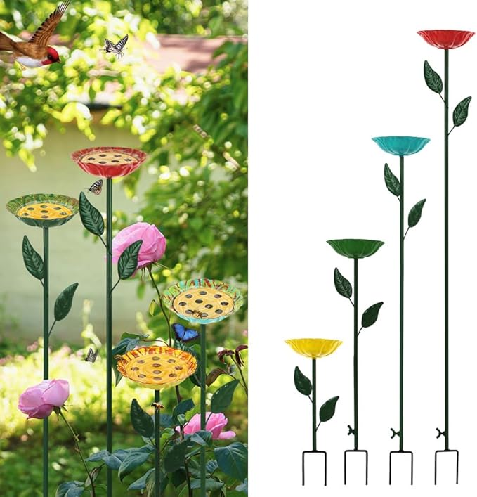 DREAMSOUL Metal Bird Bath witn Bee Feeder, 4 Pack Bee Watering Station Small Bird Bath for Birds, Bees, Butterflies