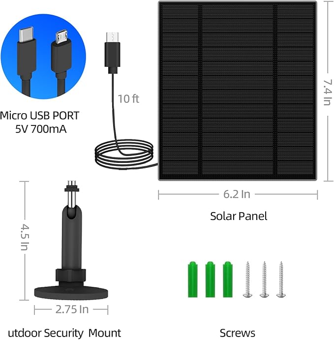 5W Solar Panel for Security Camera, Solar Panel with Micro USB & USB-C Port for DC 5V Outdoor Rechargeable Battery Camera, IP65 Waterproof, 360° Adjustable Security Mount, 9.8ft Cable (2, Black)
