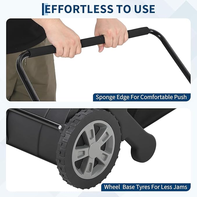 21-Inch Push Lawn Sweeper, Manual Leaf Sweeper with 3.5 Cu. ft. Mesh Collection Bag, Yard Sweeper with 2 Spinning Brushes & 10" Rubber Wheels, Walk-Behind Grass Collector for Lawns, Black