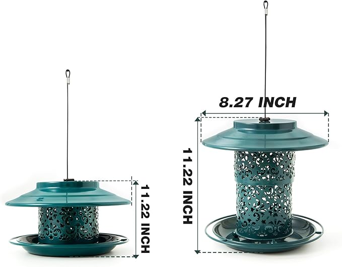 Metal Bird Feeders for Outdoors Hanging, Weather Resistant Wild Bird Feeder with 360 Degree Feeding Tray (Green)