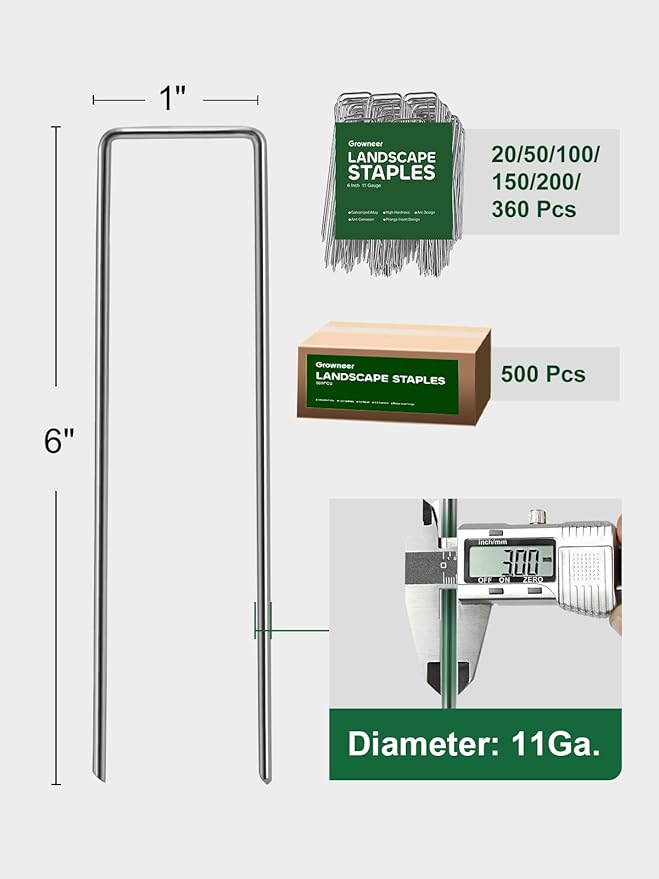 GROWNEER 500 Pack Landscape Staples 6 Inch 11 Gauge Heavy Duty Hot-Dip Galvanized Steel Garden Stakes U-Shaped Weed Barrier Spikes Metal Ground Pins for Lawn and Yard Landscaping