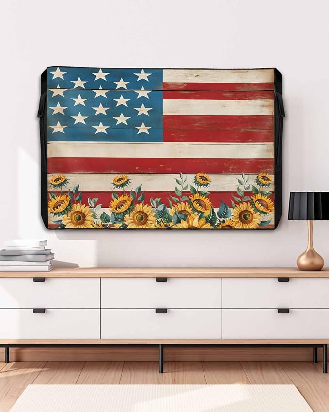 American Flag Outdoor TV Cover 30 to 32 Inch Weatherproof, Sunflowers Farmhouse 600D Oxford Cover With Waterproof Zipper, USA Flag Outside Flat Screen Protector Size 30"W x 19"H x 4.5"D