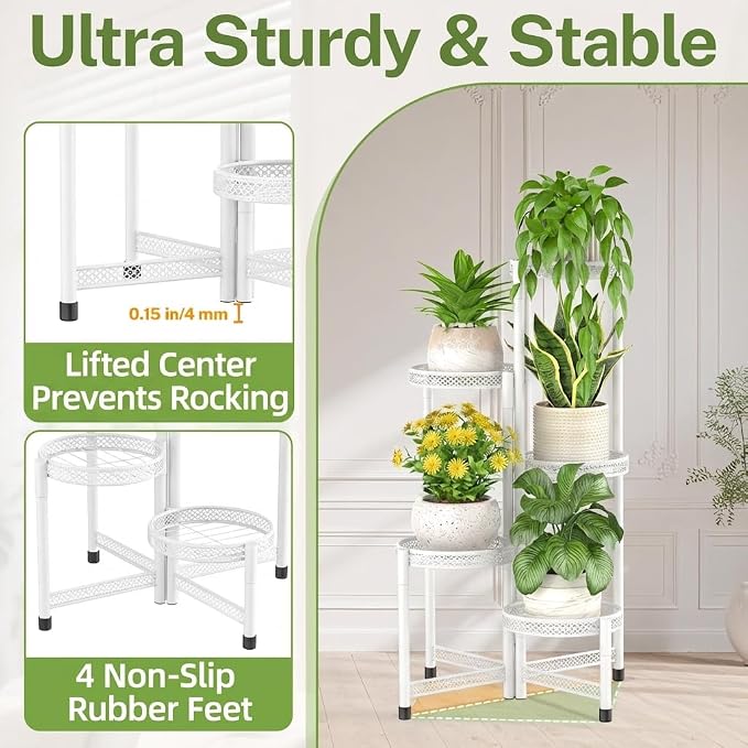 iDavosic.ly Plant Stand Indoor Outdoor, 5 Tier Corner Metal Flower Display Holder Shelf, Folding Tall Orchid Rack for Patio Balcony Porch Garden Living Room House, Wrought Iron - White