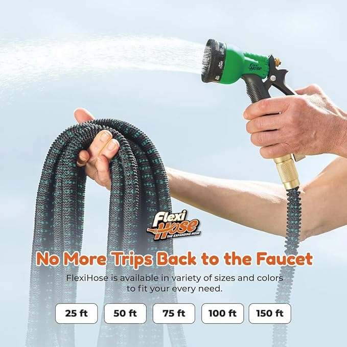 Flexi Hose with 8 Function Nozzle, 25FT - Lightweight Expandable Garden Hose, No-Kink Flexibility, 3/4 Inch Solid Brass Fittings and Double Latex Core - Green