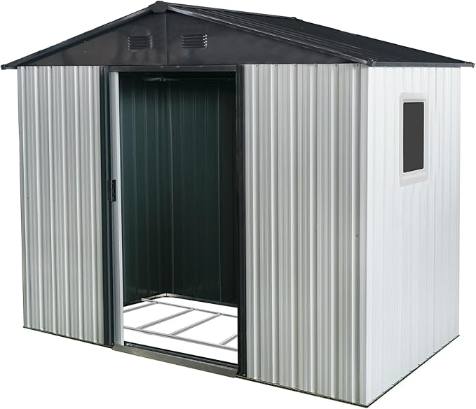 8x4 FT Outdoor Metal Storage Shed with Window, Galvanized Steel Garden Shed, Lockable Sliding Door, Sloped Roof, Ventilated Tool Storage House with Foundation Kit for Backyard Lawn, White+Black