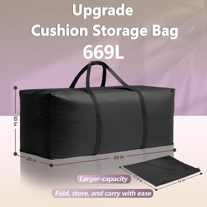 Waterproof Patio Cushion Storage Bag - 68 x 20 x 30 Inch Heavy Duty Oxford Outdoor Cushion Storage Bag, Dustproof & UV Protection for Garden Use, with Upgraded Fabric & Reinforced Zipper
