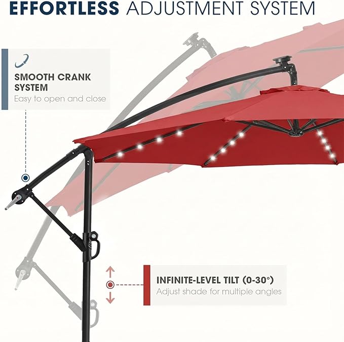 wikiwiki 10ft Solar LED Offset Patio Umbrella, Outdoor Cantilever Patio Umbrellas with Solor Lights for Backyard, Poolside and Garden, Easy Tilt Adjustment, 32 LED Lights & Polyester Shade, Red