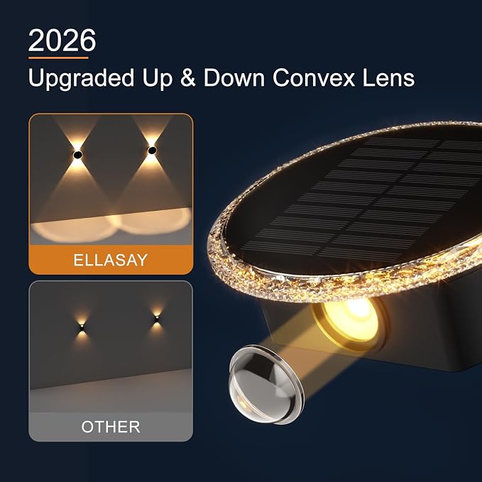 Ellasay Solar Fence Lights Outdoor: 360° Circular Lighting Solar Powered Wall Lights 12 Hours Long Runtime Up and Down Waterproof IP65 & 3 Modes High Brightness LED Focus Lens for Fence/Yard - 8 Pack